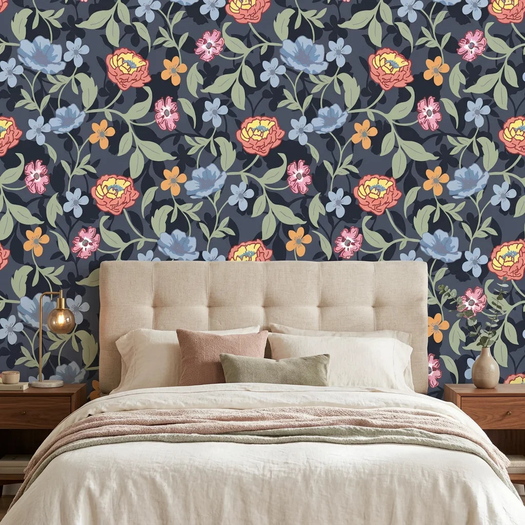 Matte dark navy floral vine peel and stick wallpaper - Velvet Night Garden