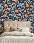 Matte dark navy floral vine peel and stick wallpaper - Velvet Night Garden