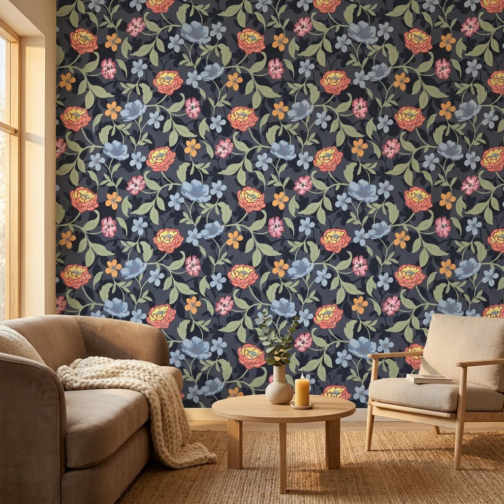 Matte dark navy floral vine peel and stick wallpaper - Velvet Night Garden in a warm living room