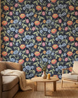 Matte dark navy floral vine peel and stick wallpaper - Velvet Night Garden in a warm living room