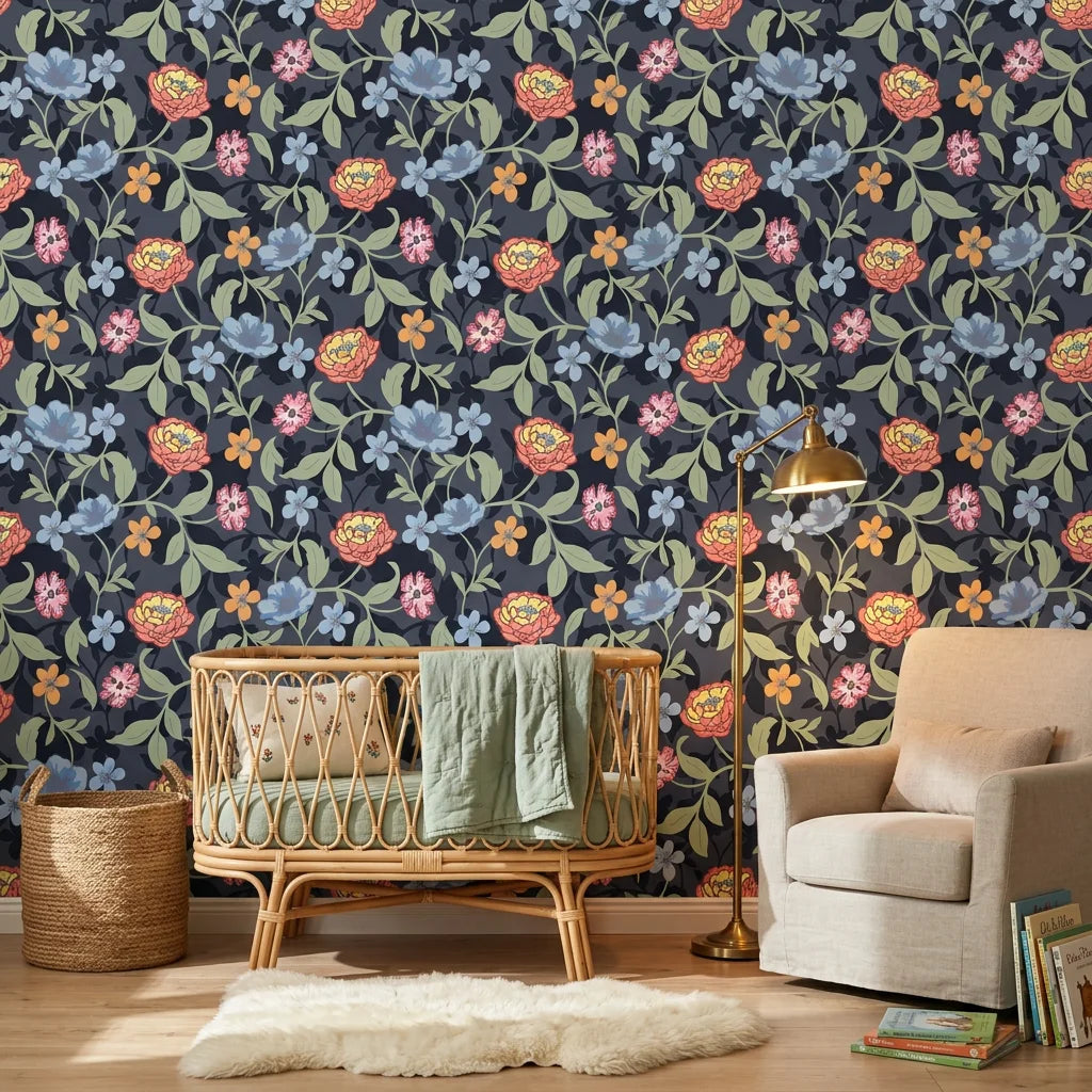 Matte dark navy floral vine peel and stick wallpaper - Velvet Night Garden adding character to a bedroom