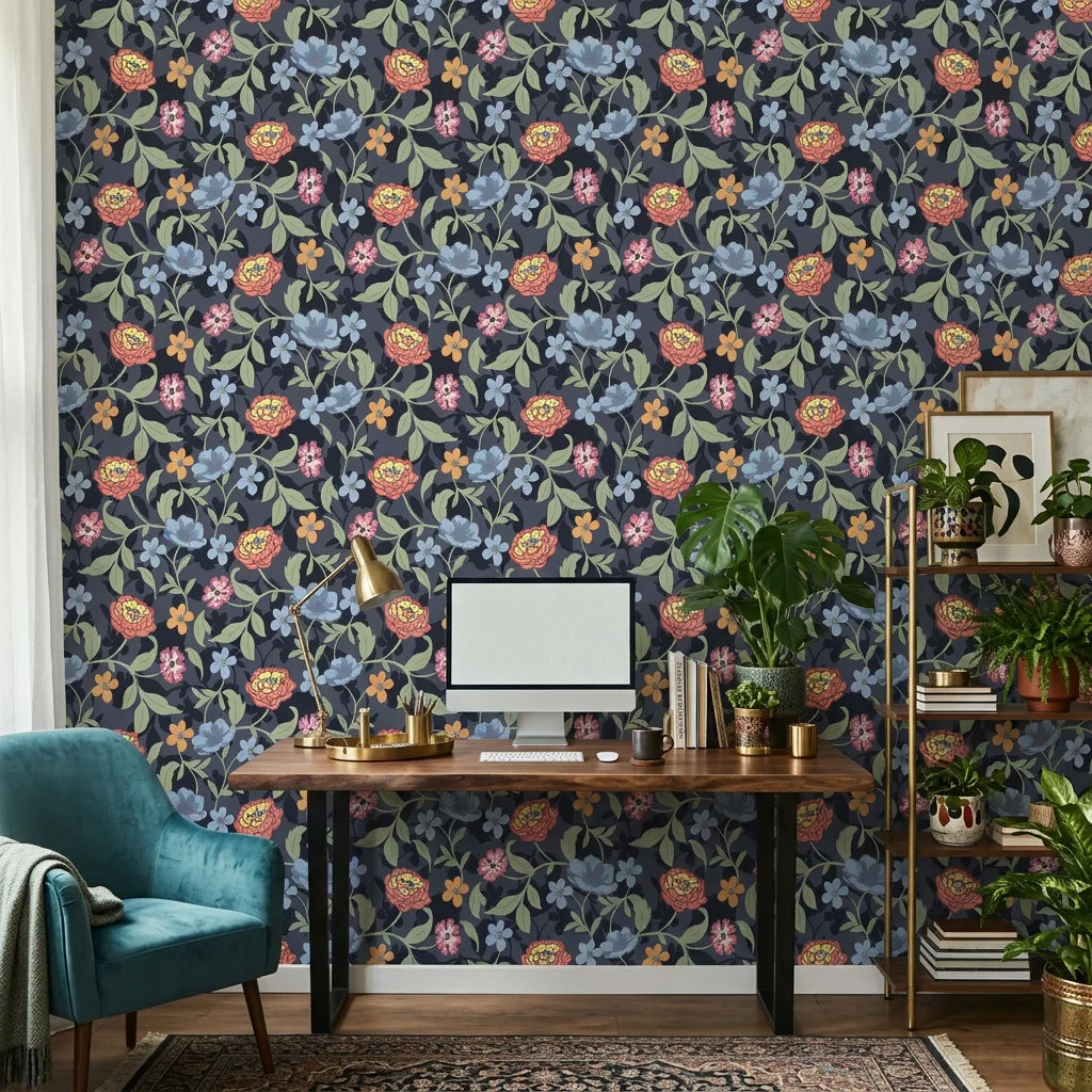 Matte dark navy floral vine peel and stick wallpaper - Velvet Night Garden as a feature wall in an office