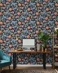 Matte dark navy floral vine peel and stick wallpaper - Velvet Night Garden as a feature wall in an office