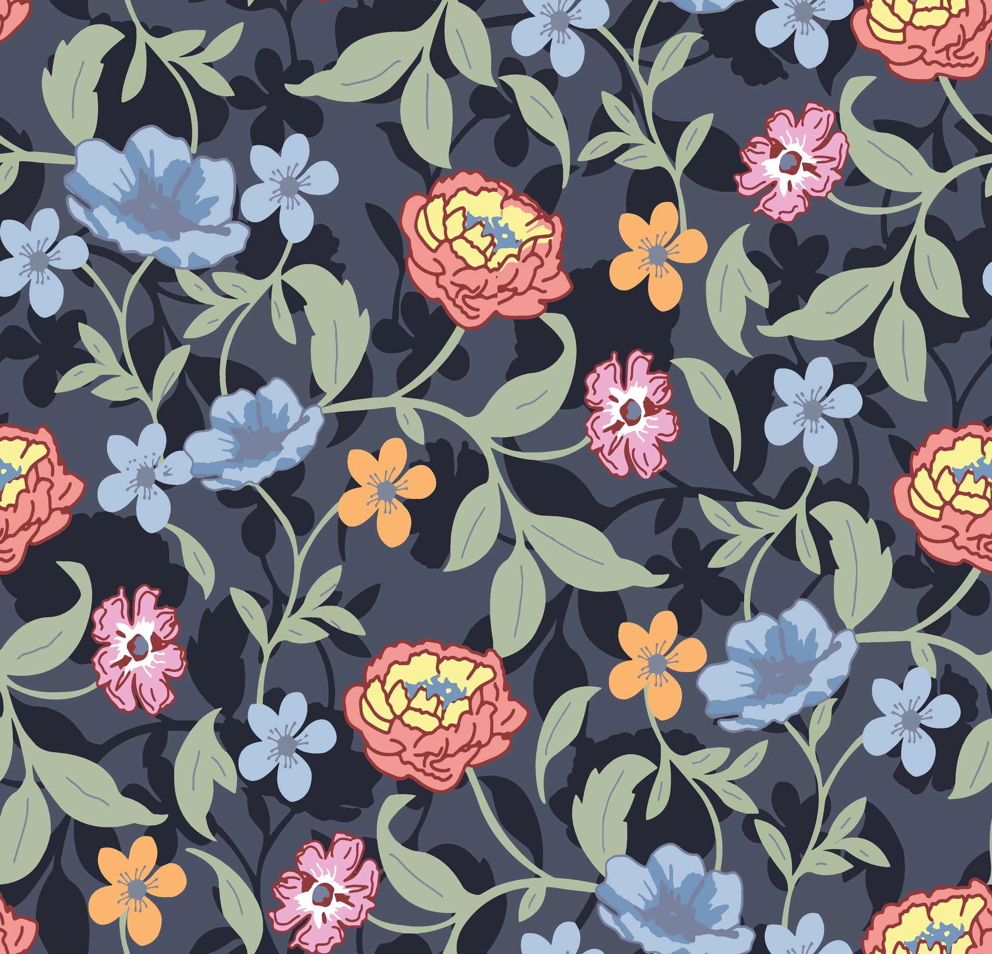 Matte dark navy floral vine peel and stick wallpaper - Velvet Night Garden creating ambiance in a bathroom