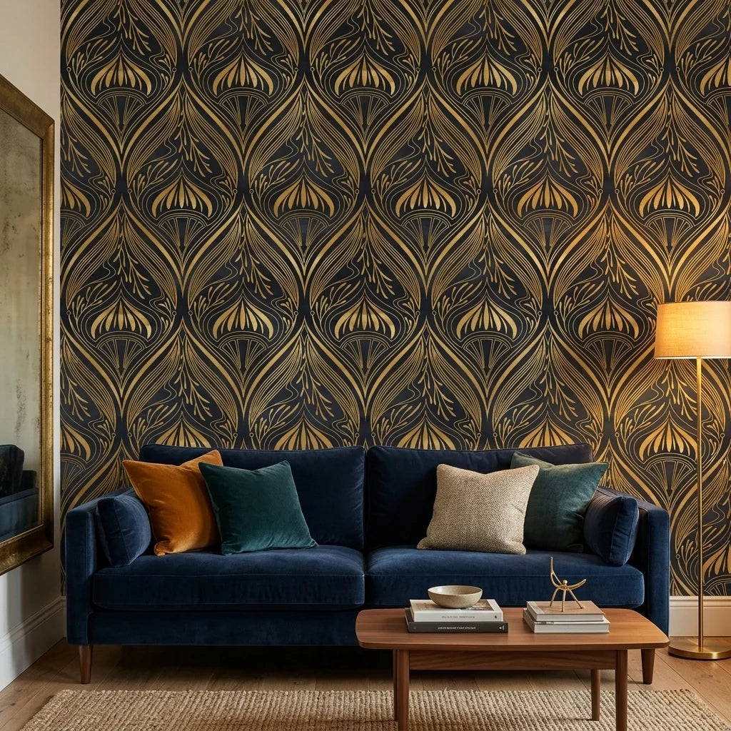 Velvet Plume dramatic black and gold art nouveau wallpaper creating ambiance in a serene bathroom