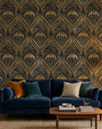 Velvet Plume dramatic black and gold art nouveau wallpaper creating ambiance in a serene bathroom