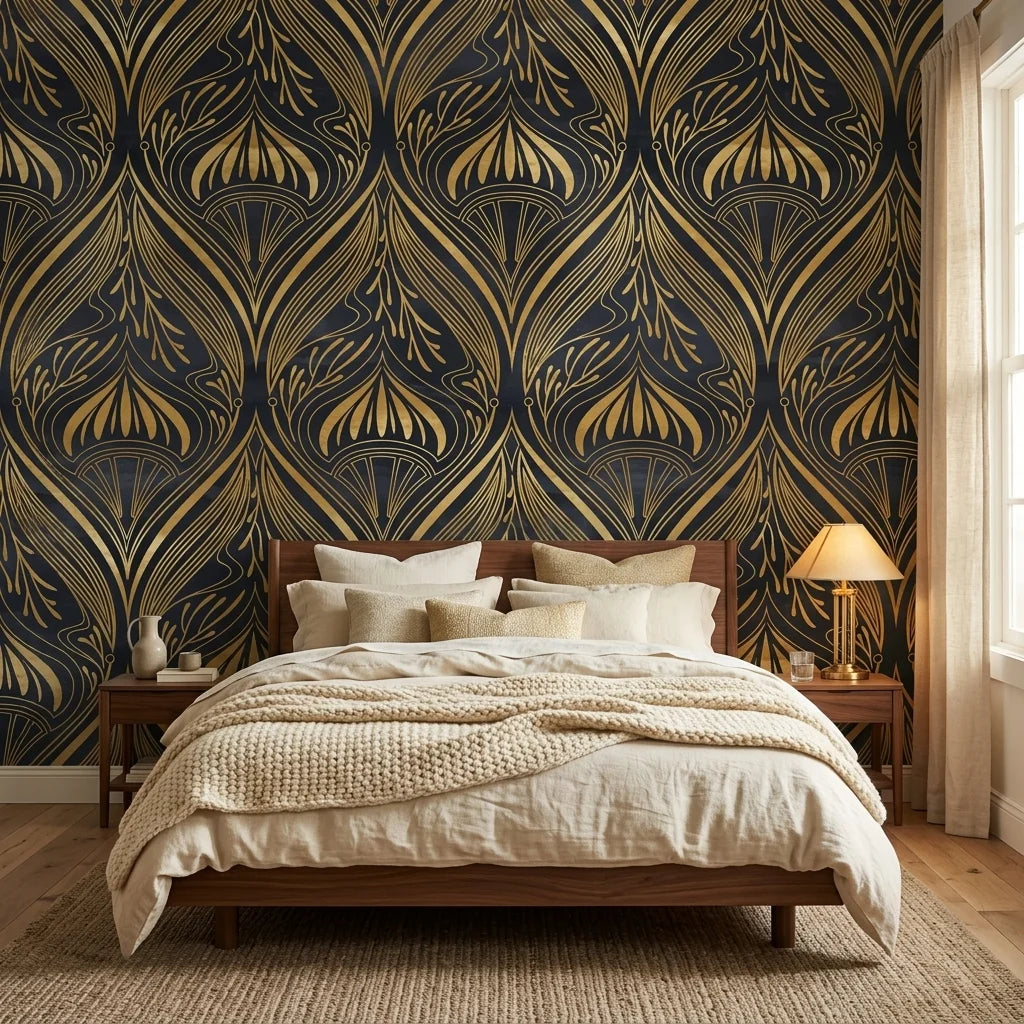 Velvet Plume dramatic black and gold art nouveau wallpaper in a warm and inviting living room