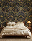 Velvet Plume dramatic black and gold art nouveau wallpaper in a warm and inviting living room