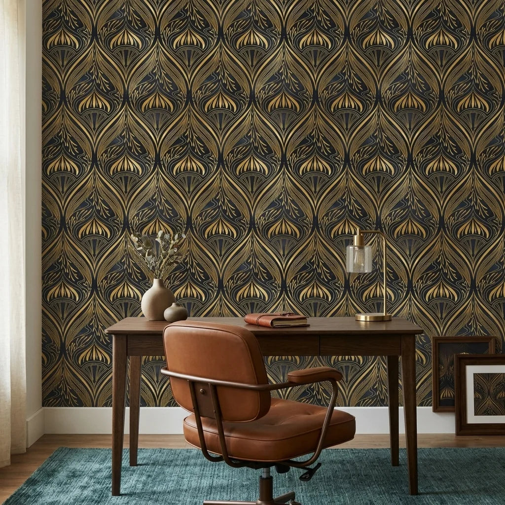 Velvet Plume dramatic black and gold art nouveau wallpaper adding character to a cozy bedroom