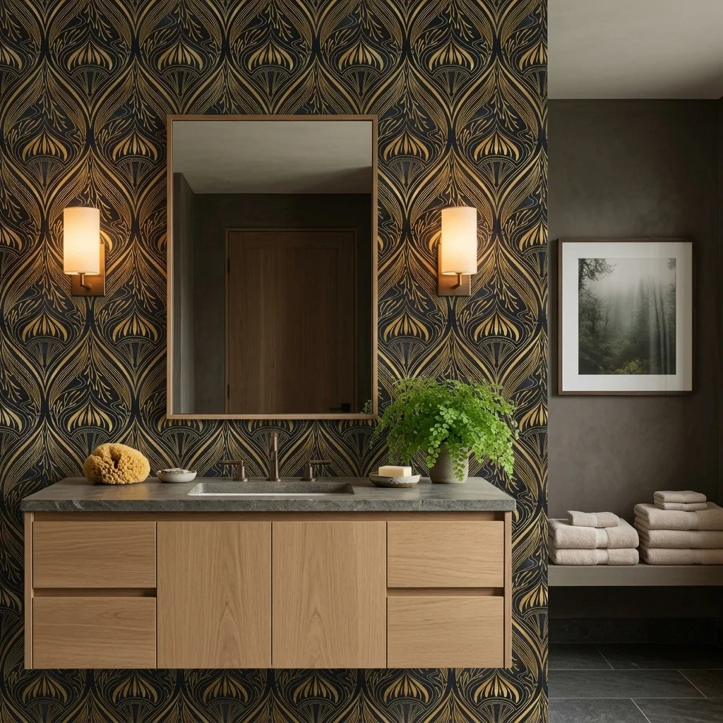 Velvet Plume dramatic black and gold art nouveau wallpaper as a feature wall in a bright home office