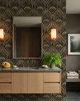 Velvet Plume dramatic black and gold art nouveau wallpaper as a feature wall in a bright home office
