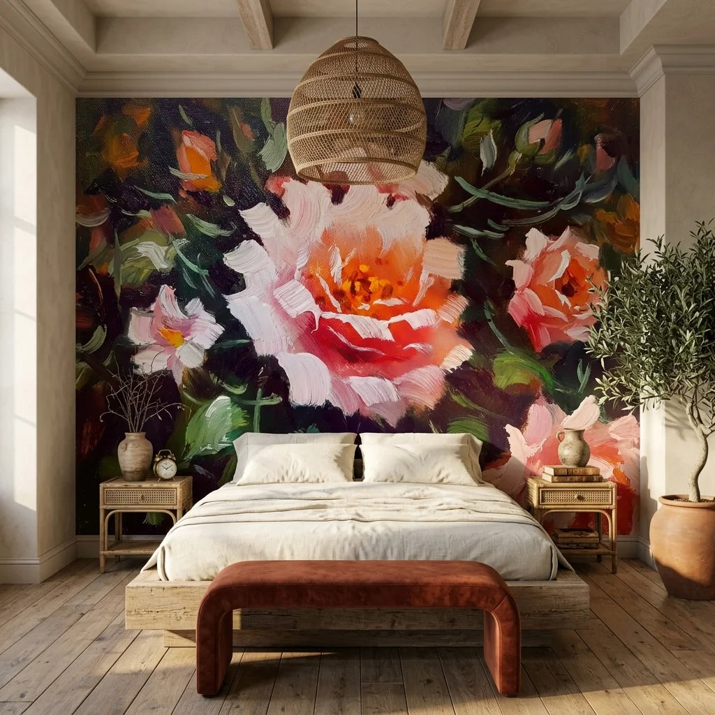 Textured close up pink and coral painted rose peel and stick wallpaper - Velvet Rose