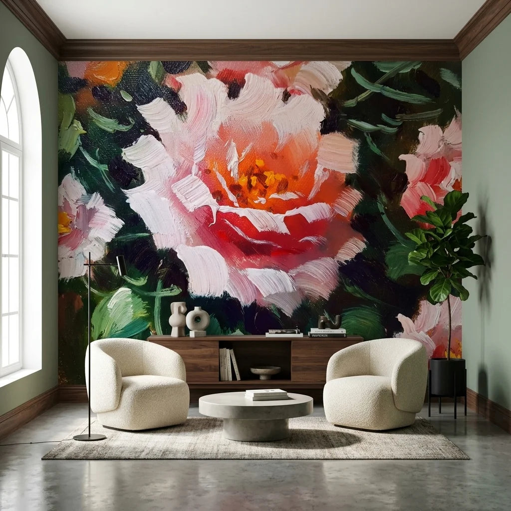 Velvet Rose bold pink rose floral wallpaper in a warm and inviting living room