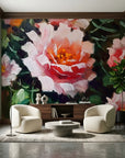 Velvet Rose bold pink rose floral wallpaper in a warm and inviting living room