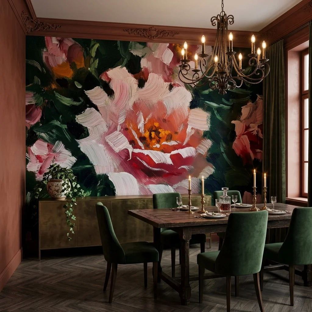 Velvet Rose bold pink rose floral wallpaper adding character to a cozy bedroom