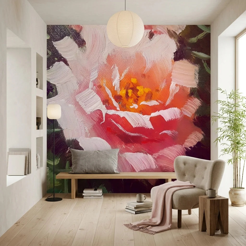 Velvet Rose bold pink rose floral wallpaper as a feature wall in a bright home office