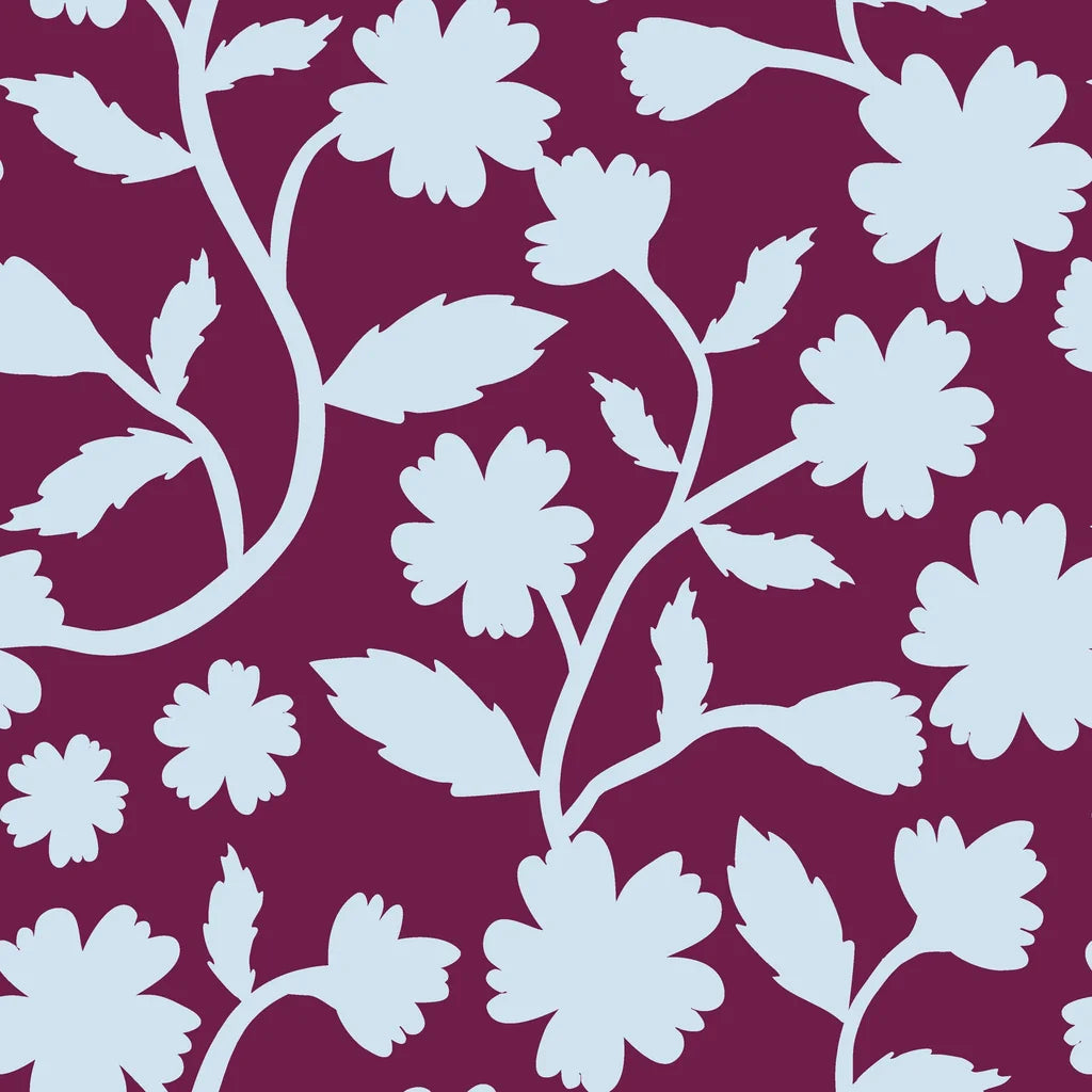 Light blue flower outlines overlaid on deep red, self-adhesive wall covering, named Velvet Bloom