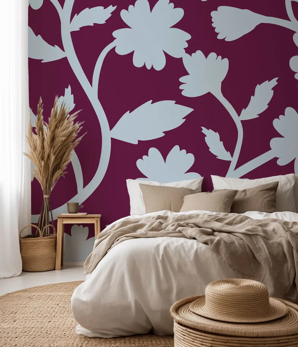 Deep red wall covering with pale blue flower outlines, available as self-adhesive paper, titled Velvet Bloom
