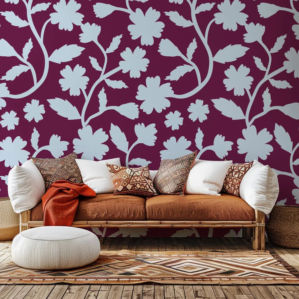 Self-adhesive wallpaper (Velvet Bloom) in deep red, patterned with pale blue flower outlines