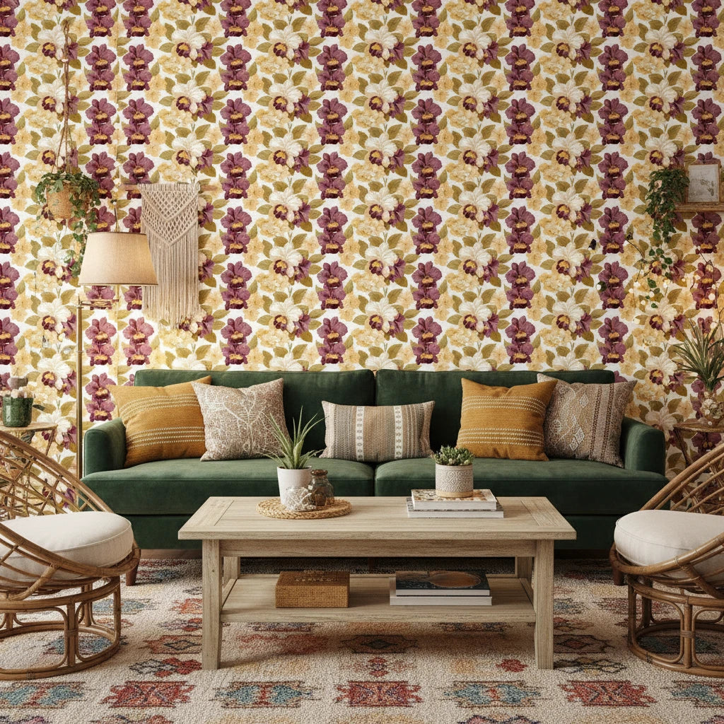 Velvet Orchid romantic burgundy and gold floral wallpaper in a warm and inviting living room