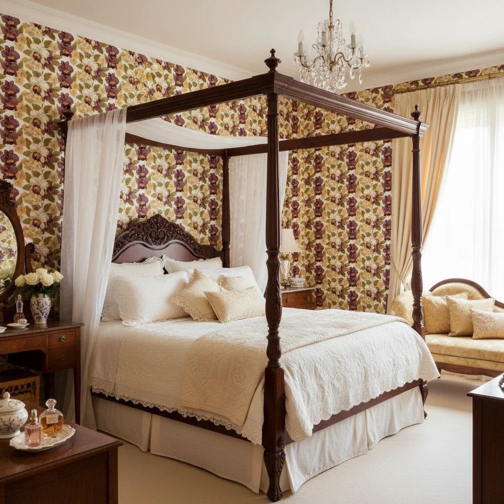 Velvet Orchid romantic burgundy and gold floral wallpaper adding character to a cozy bedroom