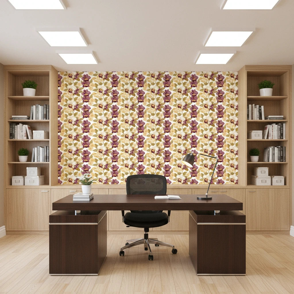 Velvet Orchid romantic burgundy and gold floral wallpaper as a feature wall in a bright home office