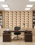 Velvet Orchid romantic burgundy and gold floral wallpaper as a feature wall in a bright home office