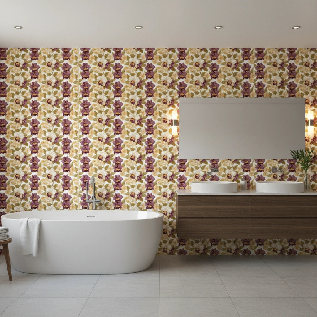 Velvet Orchid romantic burgundy and gold floral wallpaper creating ambiance in a serene bathroom