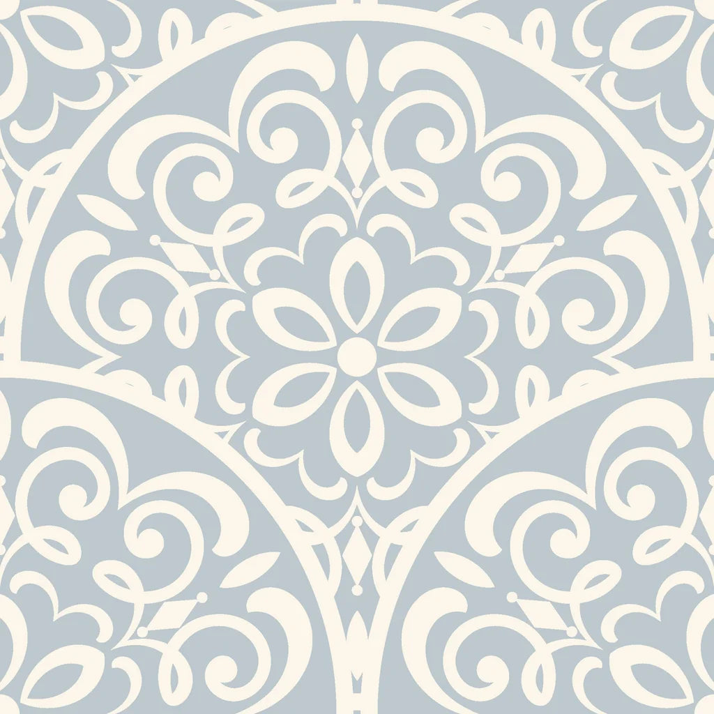 Elegant Velvet Vine Serenade wallpaper with soft blue and cream damask scrollwork in traditional ornamental design