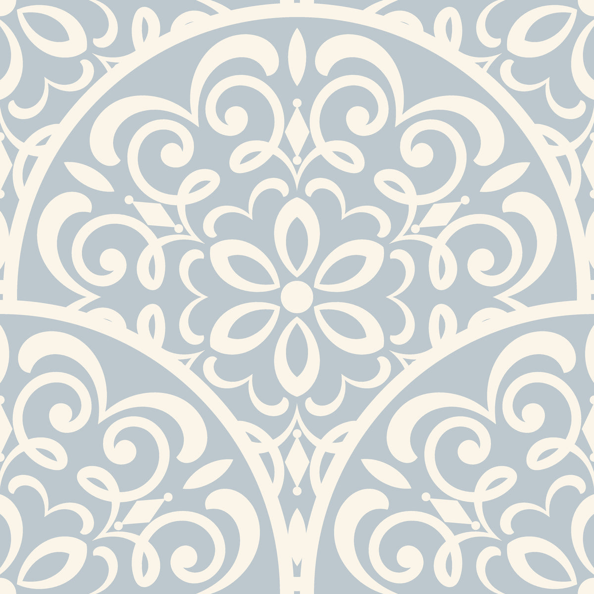 Elegant Velvet Vine Serenade wallpaper with soft blue and cream damask scrollwork in traditional ornamental design
