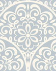 Elegant Velvet Vine Serenade wallpaper with soft blue and cream damask scrollwork in traditional ornamental design