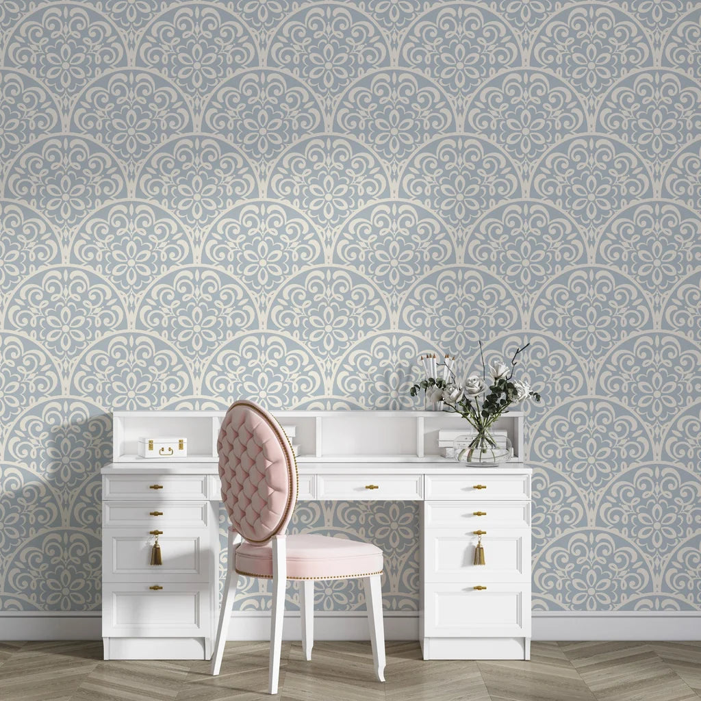 Blue and cream Velvet Vine Serenade damask wallpaper on vanity room accent wall with white furniture