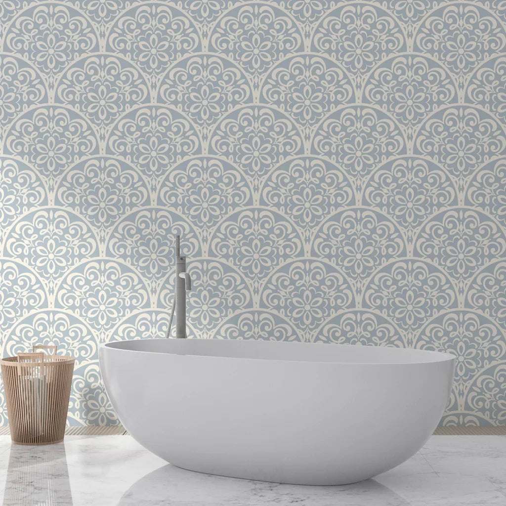 Blue and cream Velvet Vine Serenade peel and stick wallpaper in modern bathroom setting