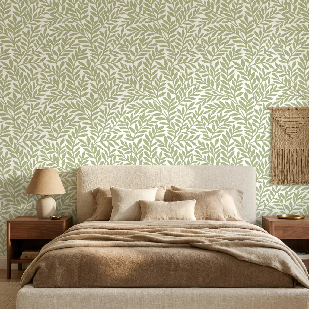 Smooth sage green leaf sprig botanical peel and stick wallpaper - Verdant Canopy