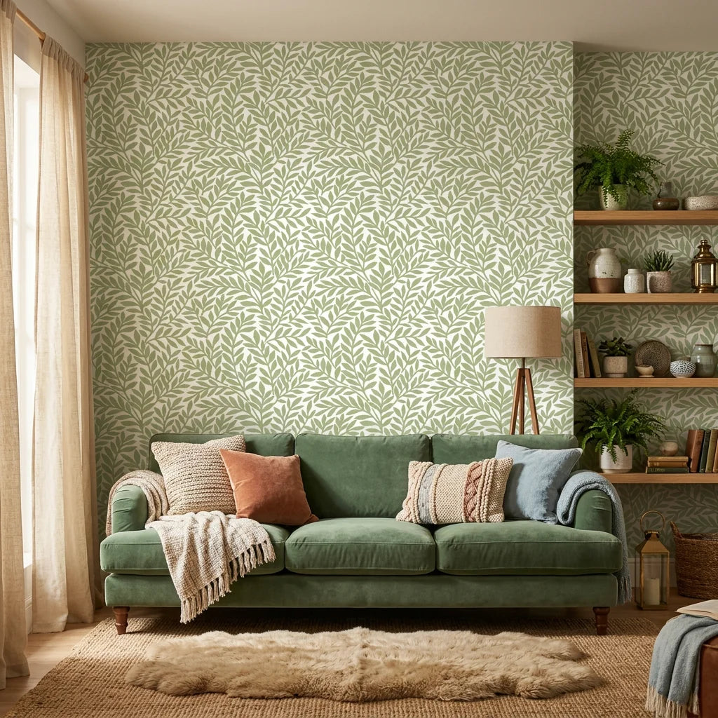 Smooth sage green leaf sprig botanical peel and stick wallpaper - Verdant Canopy in a warm living room