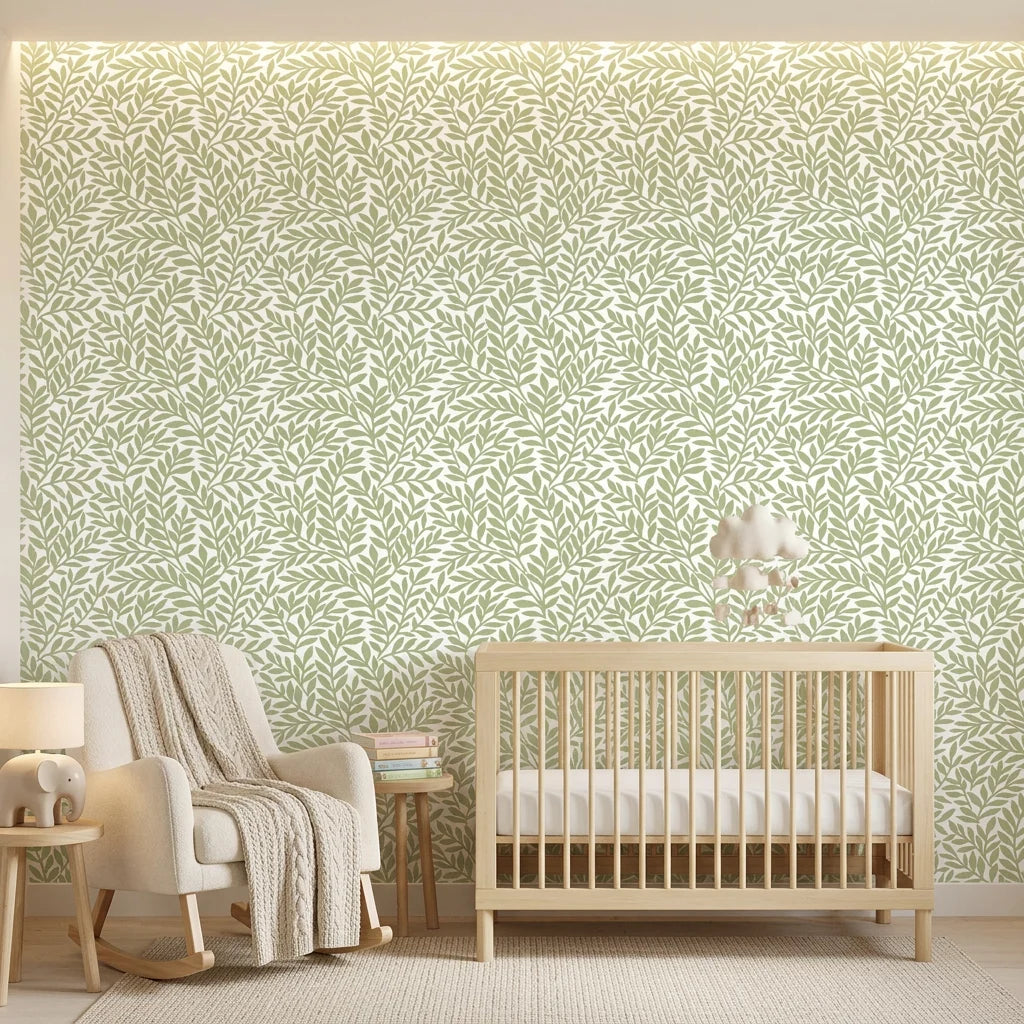 Smooth sage green leaf sprig botanical peel and stick wallpaper - Verdant Canopy adding character to a bedroom