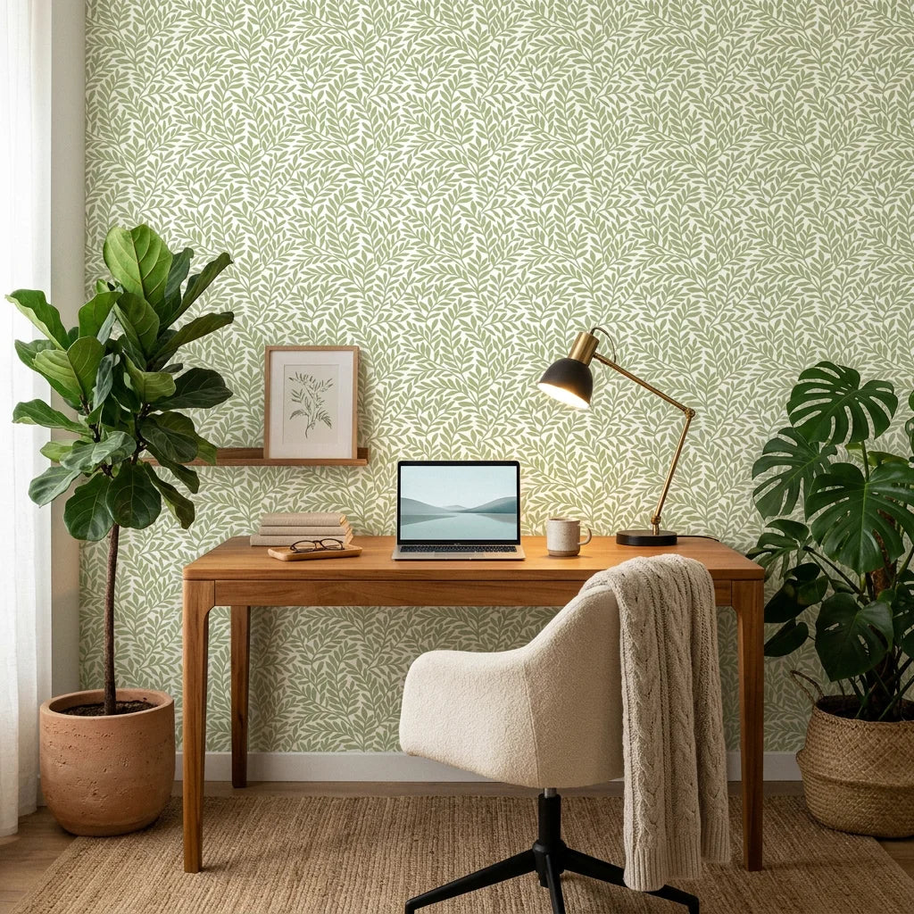 Smooth sage green leaf sprig botanical peel and stick wallpaper - Verdant Canopy as a feature wall in an office