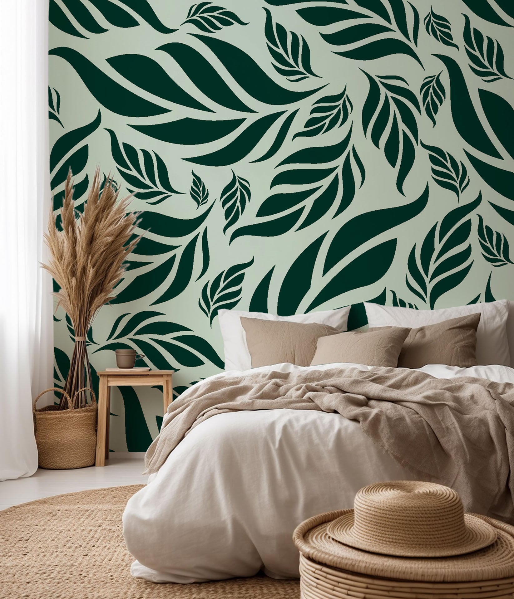 Rich, dark green botanical wall mural with a tight, dense tropical leaf design, style Verdant Cascade