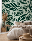 Rich, dark green botanical wall mural with a tight, dense tropical leaf design, style Verdant Cascade