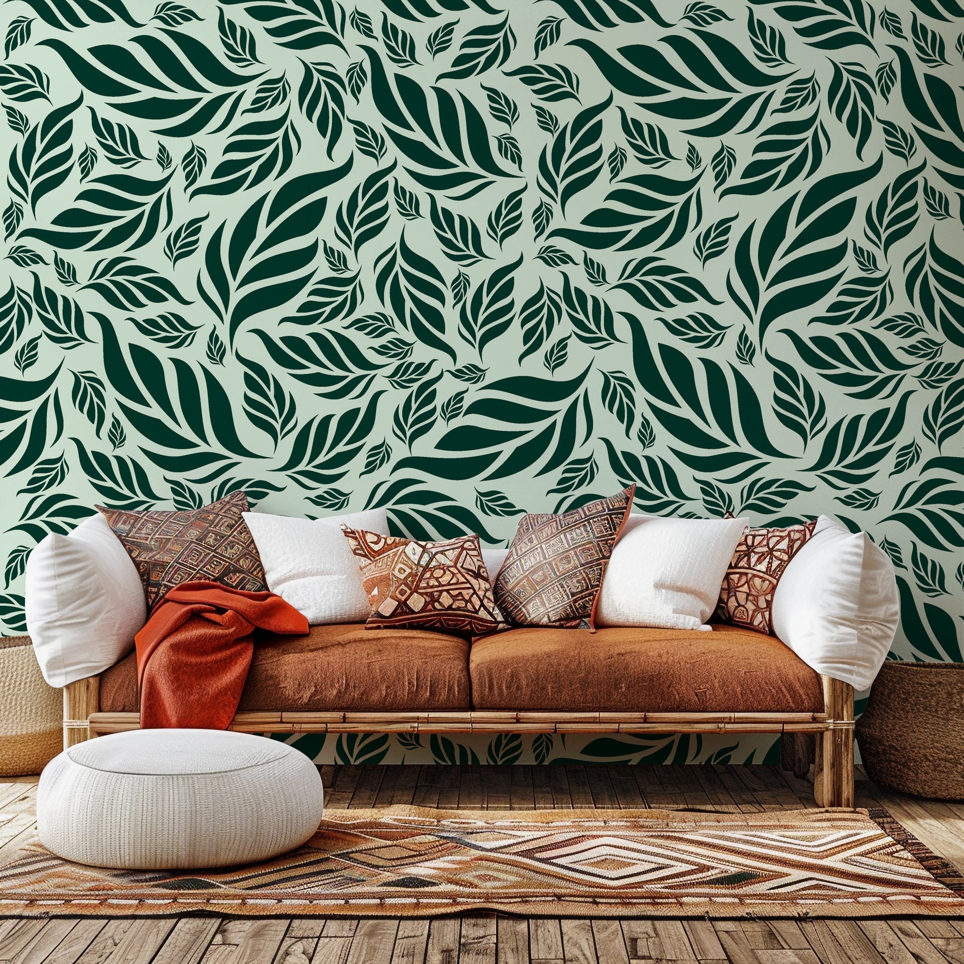 Dark green wallpaper showcasing a thick, botanical pattern of closely packed tropical leaves