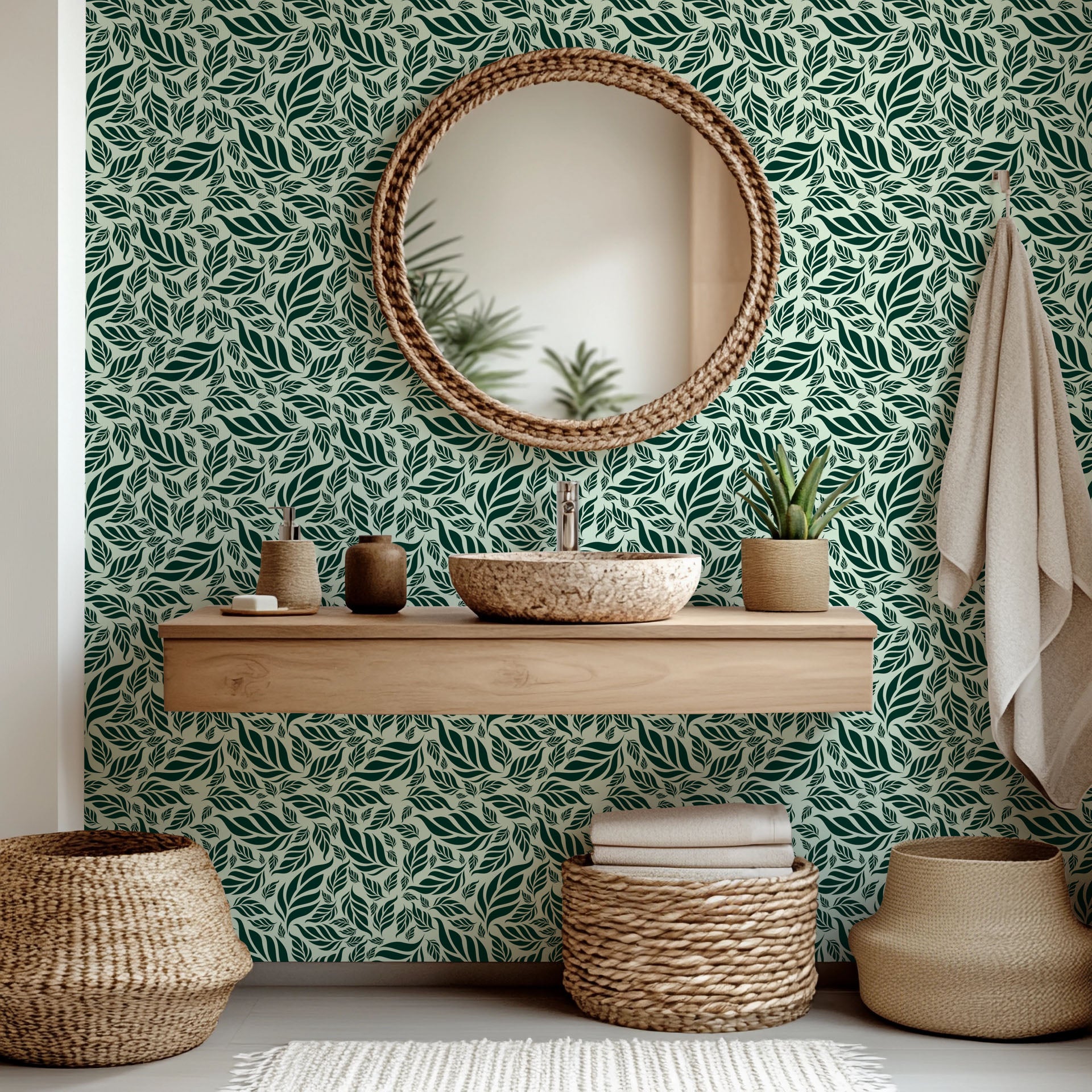 Deep green wall covering displaying a lush, packed motif of tropical foliage, known as Verdant Cascade