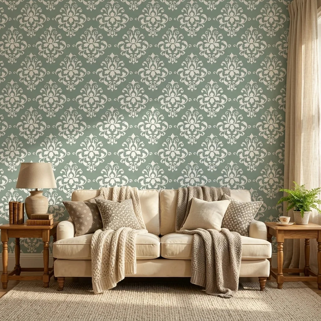 Verdant Damask elegant green damask wallpaper in a warm and inviting living room