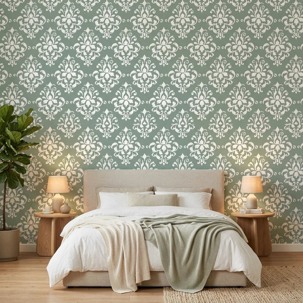 Verdant Damask elegant green damask wallpaper adding character to a cozy bedroom