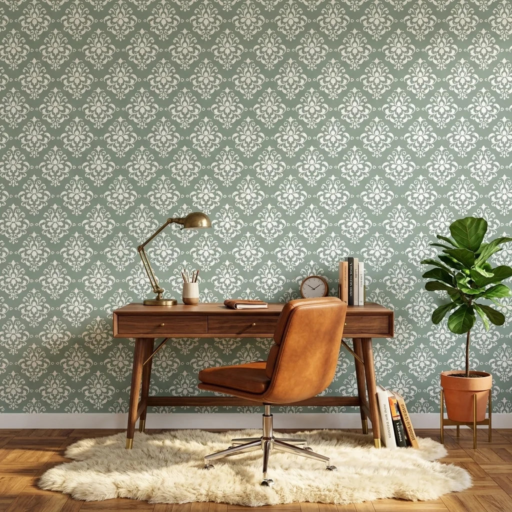 Verdant Damask elegant green damask wallpaper as a feature wall in a bright home office