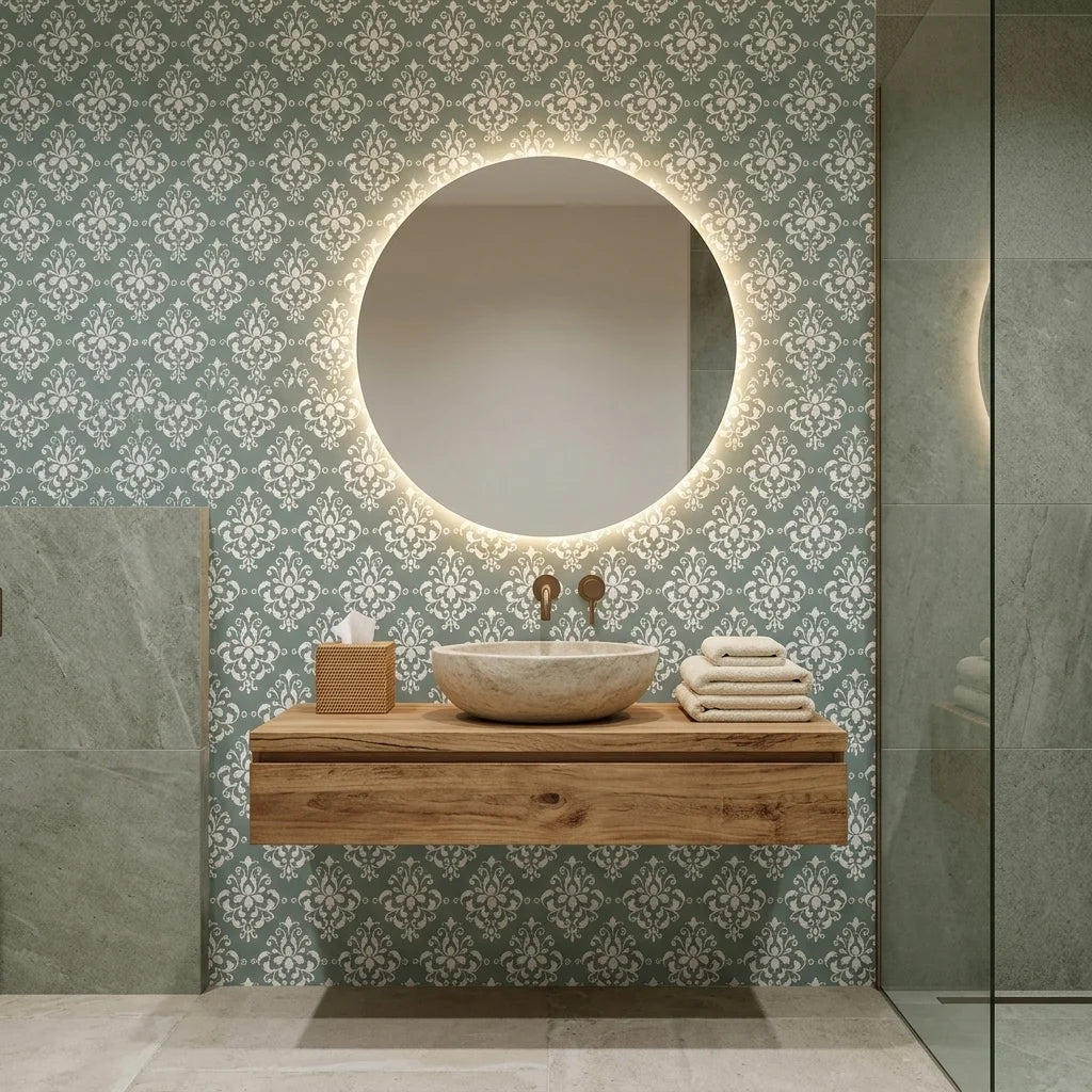 Verdant Damask elegant green damask wallpaper creating ambiance in a serene bathroom