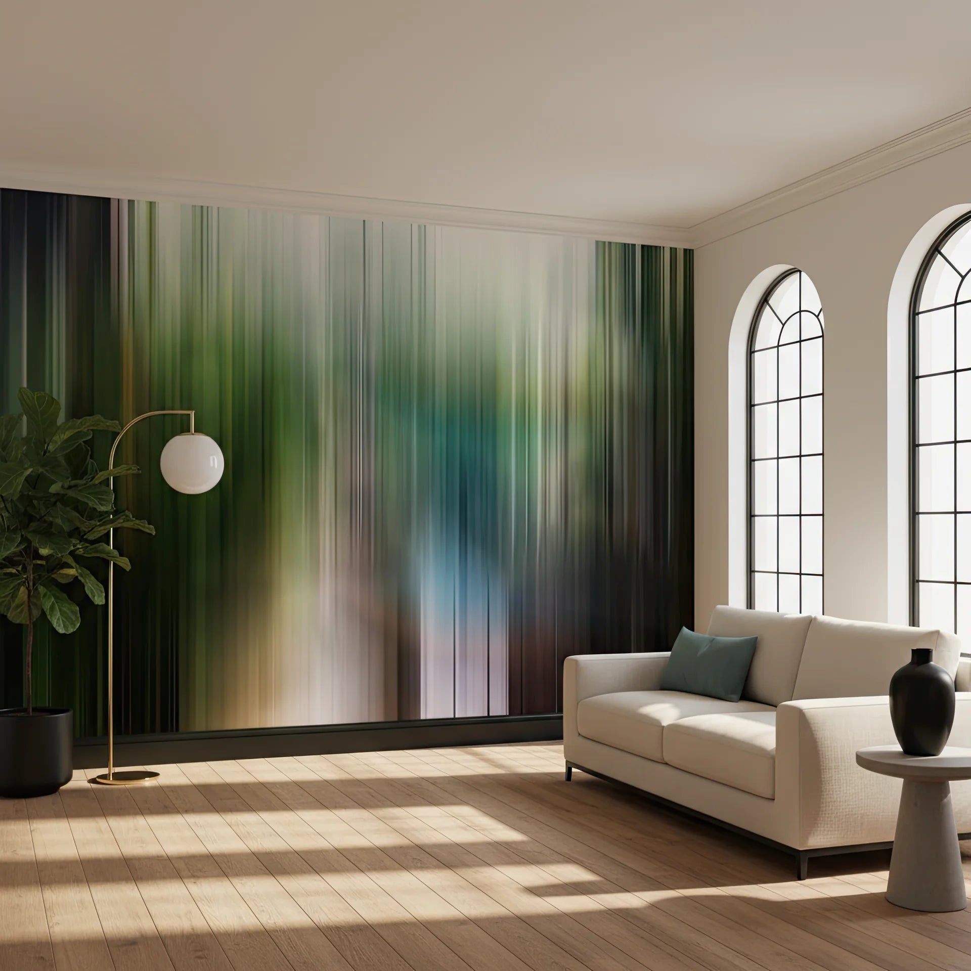 Green striped peel and stick wallpaper with vertical motion effect