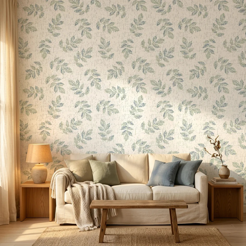 Textured scattered green leaf botanical sprig peel and stick wallpaper - Verdant Scatter