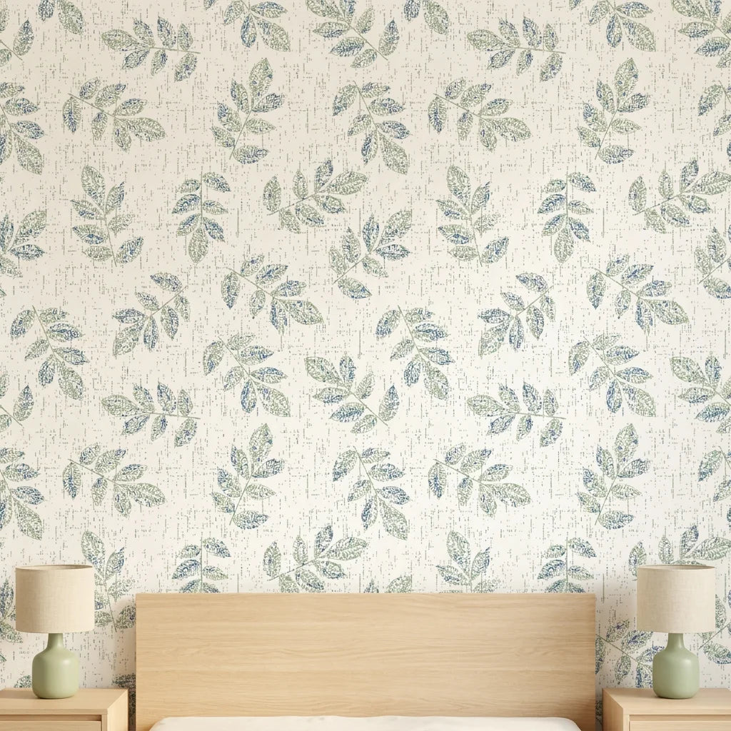 Textured scattered green leaf botanical sprig peel and stick wallpaper - Verdant Scatter in a warm living room
