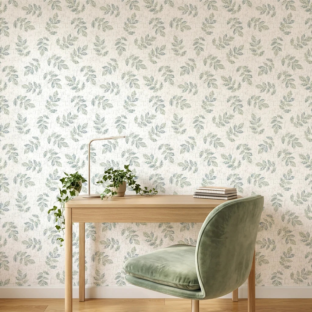 Textured scattered green leaf botanical sprig peel and stick wallpaper - Verdant Scatter adding character to a bedroom