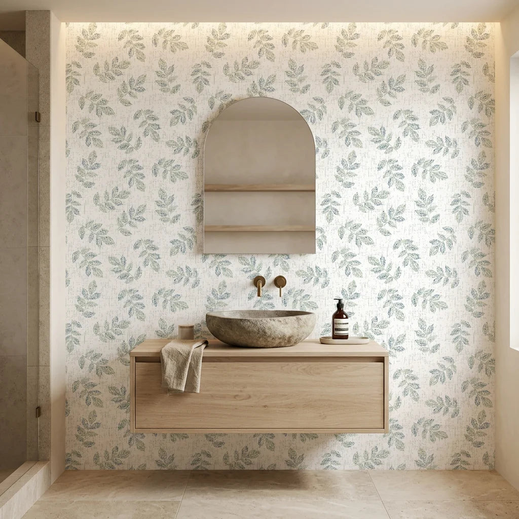 Textured scattered green leaf botanical sprig peel and stick wallpaper - Verdant Scatter as a feature wall in an office